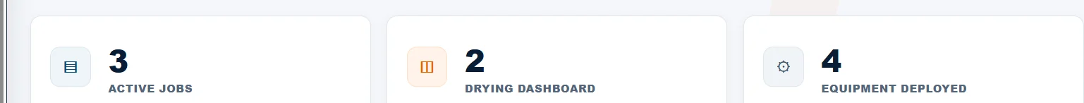 RestorHQ dashboard showing active job, drying and deployed equipment summary cards